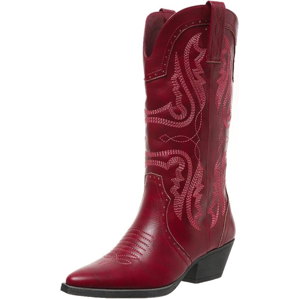 Women's Red  Pointed Toe Chunky Block Heel Cowgirl Mid Calf Western Booties